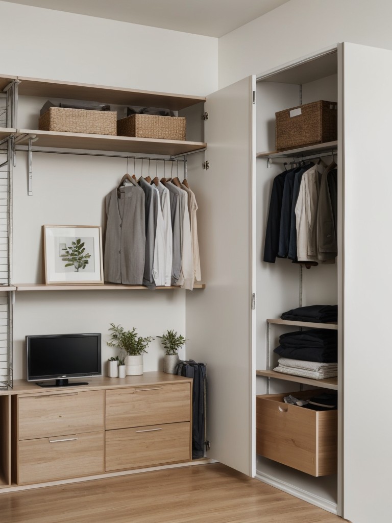 Showcasing minimalist storage solutions to keep a studio apartment organized and clutter-free.