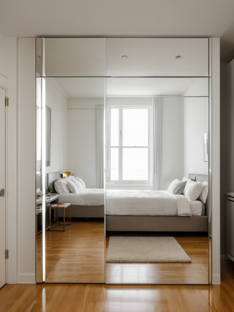 Utilizing mirrored surfaces to visually expand the dimensions of a studio apartment.