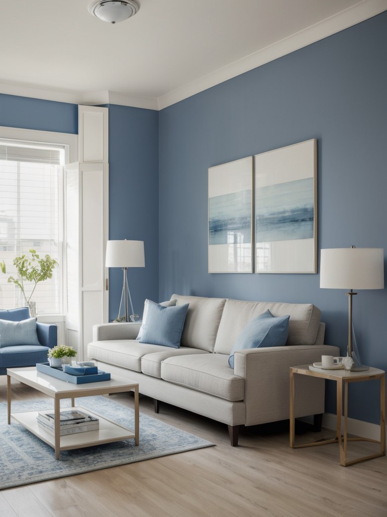 Studio apartment paint color ideas in shades of blue, to evoke a feeling of tranquility and serenity.