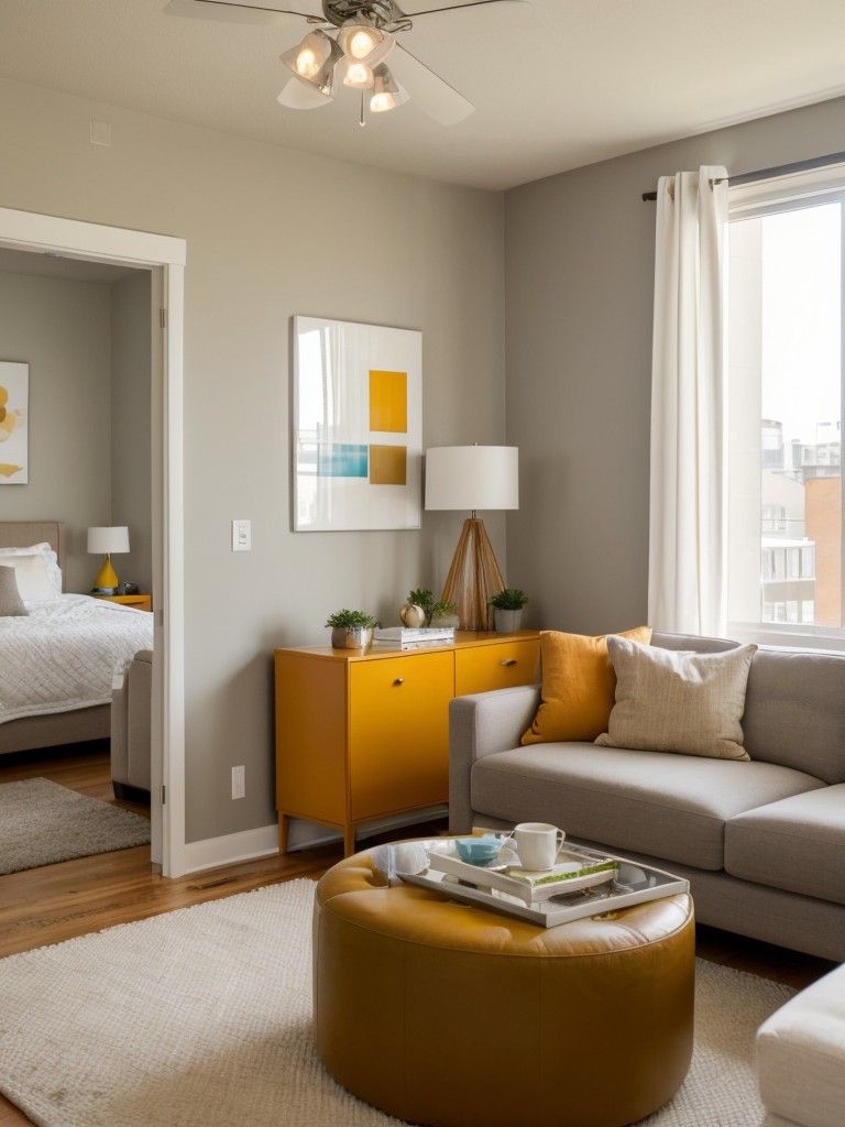 Studio apartment paint color ideas with a mix of neutral tones and pops of bold colors, to create visual interest.