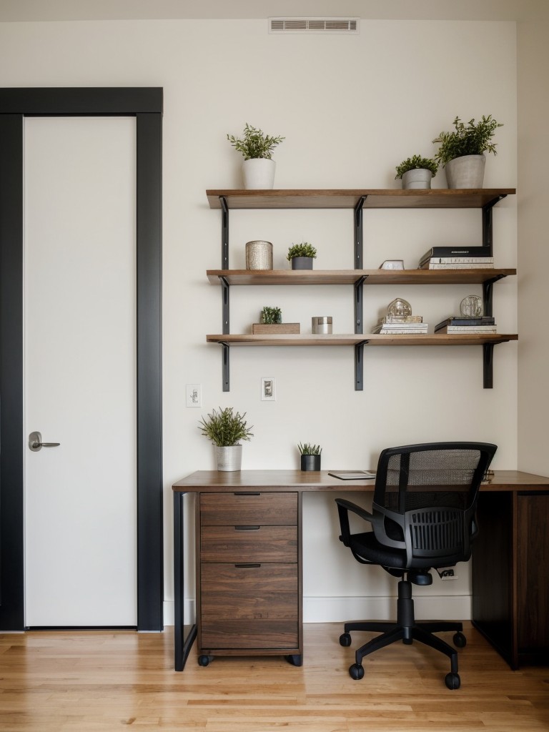 Incorporate a built-in workstation with a desk and shelves, serving as both a functional workspace and a stylish partition in your studio apartment.