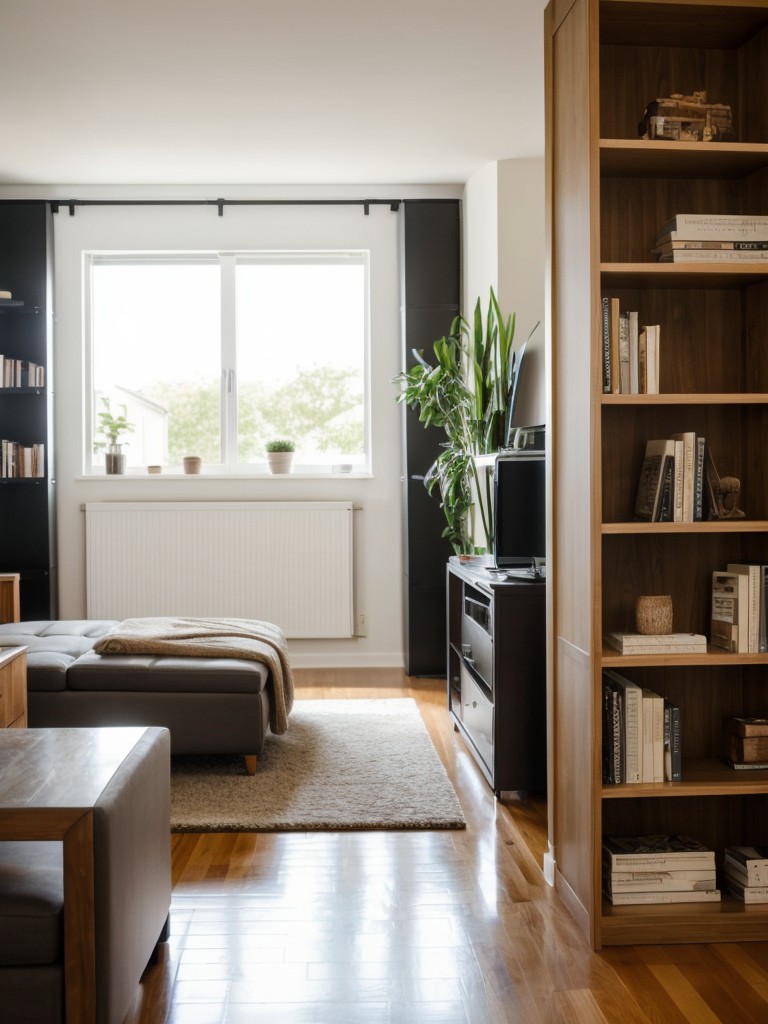 Incorporate a freestanding bookcase that doubles as a room divider, allowing you to showcase your favorite books while adding functionality to your studio apartment.