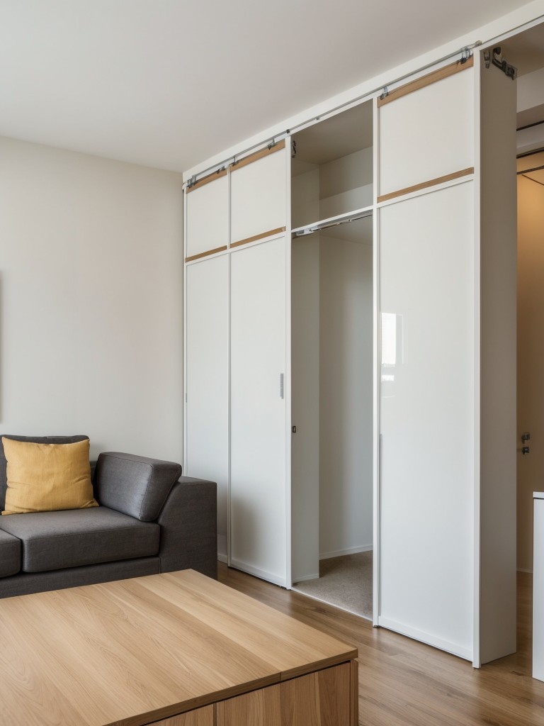Incorporate a room divider with built-in storage compartments, providing both visual separation and practical organization in your studio apartment.