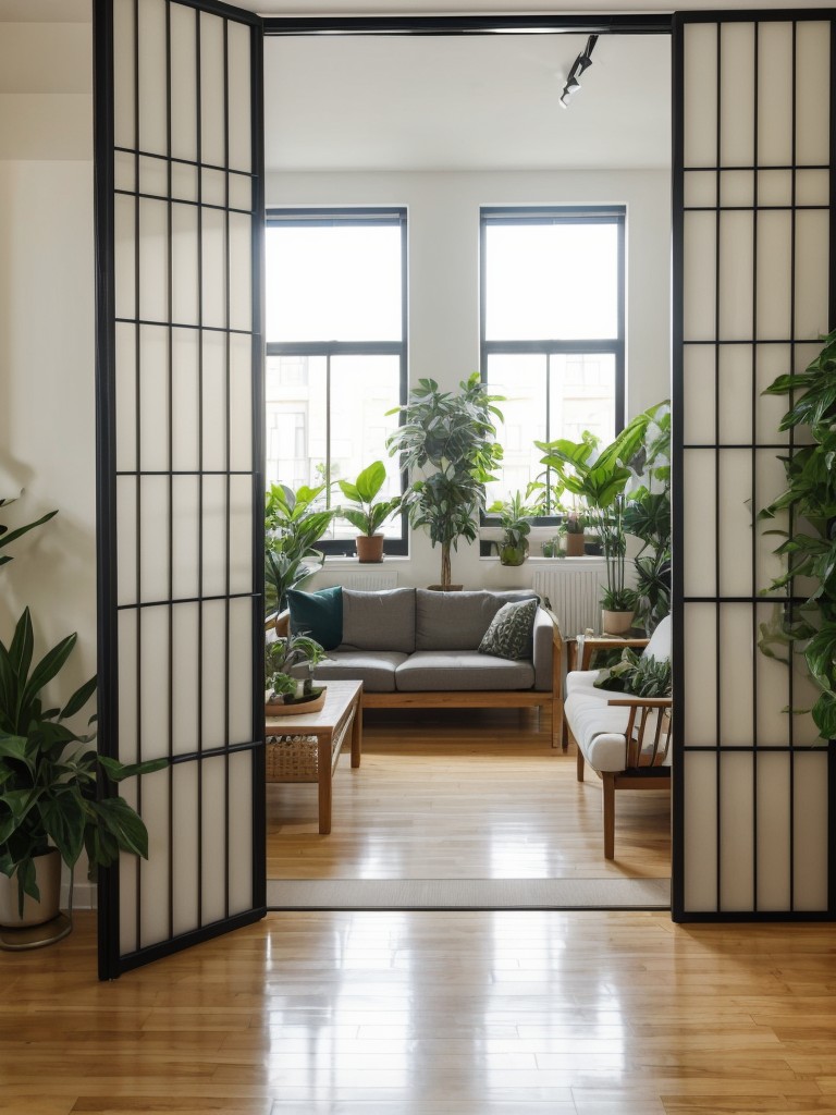 Use a combination of floor plants and decorative screens to create a natural and visually appealing partition in your studio apartment.