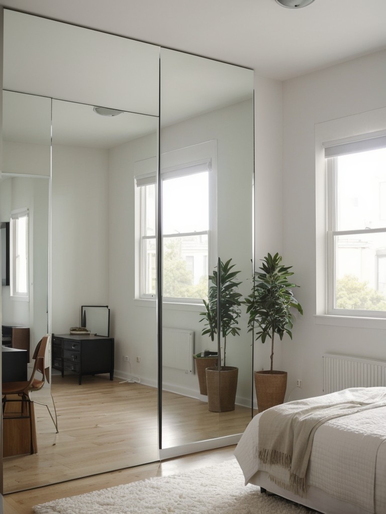 Use a large wall mirror as a stylish partition that reflects light and visually expands the space in your studio apartment.