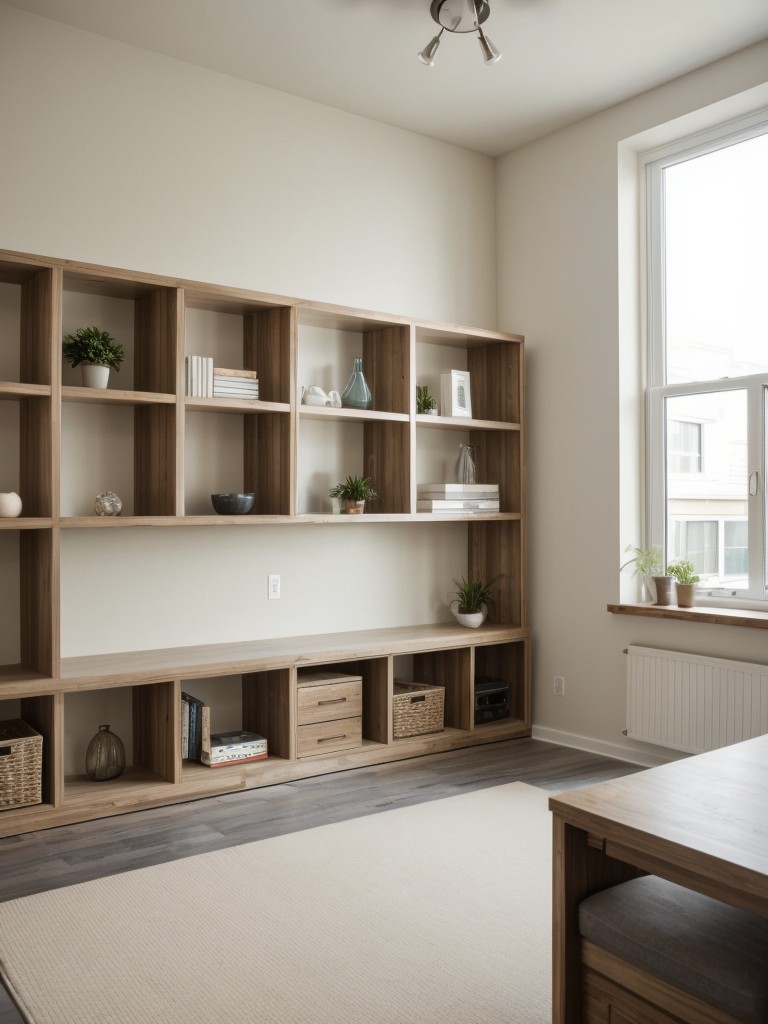 Utilize a built-in storage wall with open shelving to create a division between different functional areas in your studio apartment.