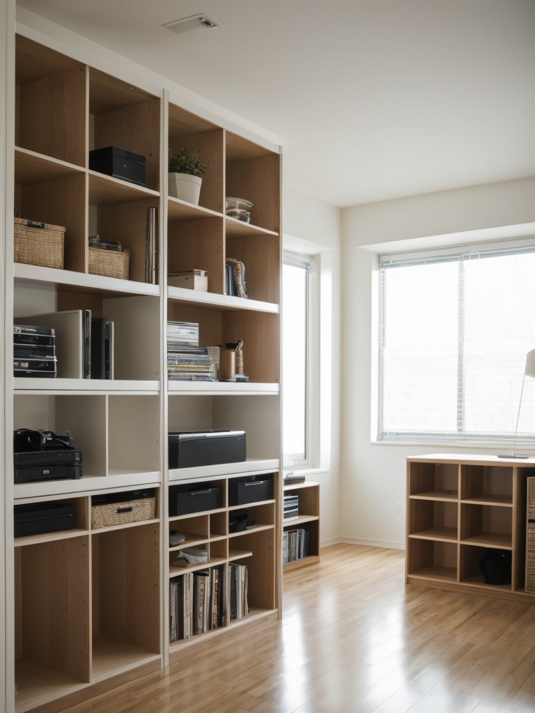 Utilize a modular shelving system that can be easily rearranged to create various partitions and storage solutions in your studio apartment.