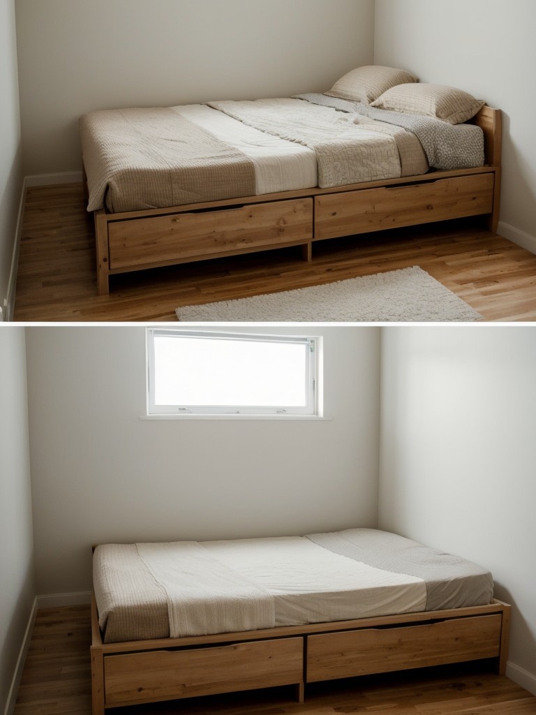 Consider installing a wall bed or a loft bed to free up space during the day and create a designated sleeping area that can be put away when not in use.