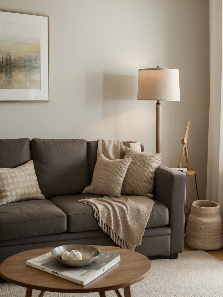 Create a cozy and comfortable living area by choosing a compact and stylish sofa, adding throw pillows and blankets, and incorporating soft lighting elements, such as table lamps or floor lamps.