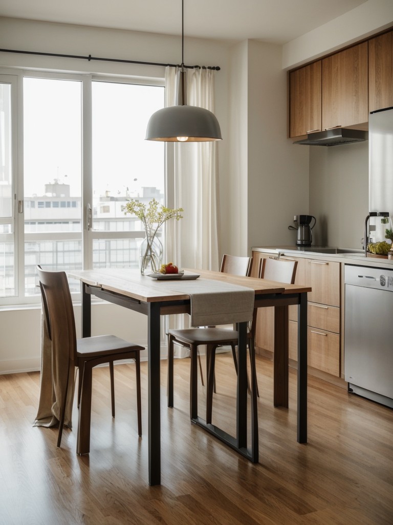Incorporate a folding or extendable dining table and chairs that can be easily stored away when not in use to maximize the flexibility of your studio apartment.