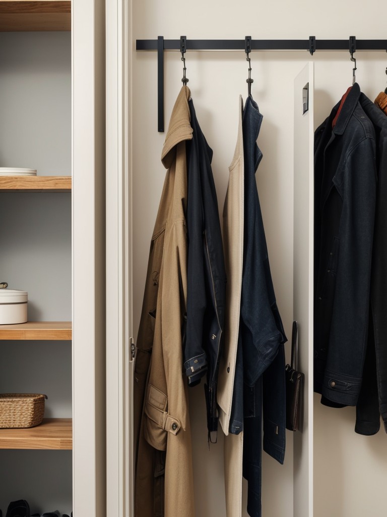 Install hooks or racks behind doors or on walls to hang coats, bags, or accessories, effectively utilizing vertical space for storage purposes.