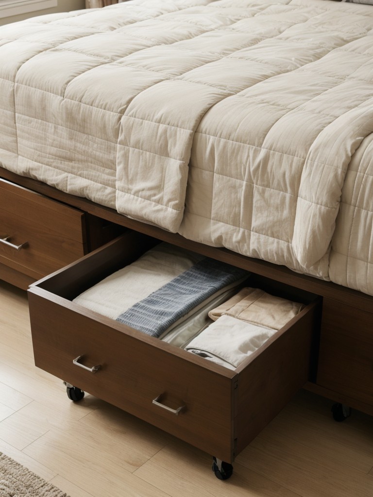 Utilize under-bed storage options, such as rolling drawers or containers, to make the most of the space beneath your bed.