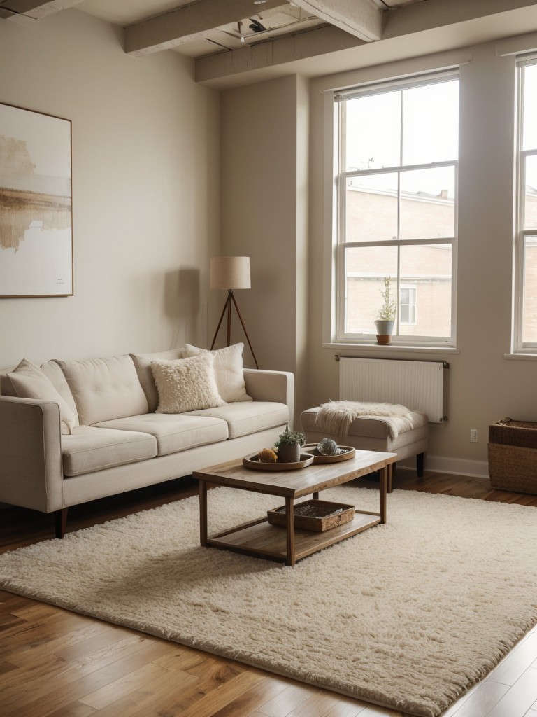 Create a cozy and inviting atmosphere in your studio loft apartment with warm neutral tones, soft lighting, and plush textured rugs.