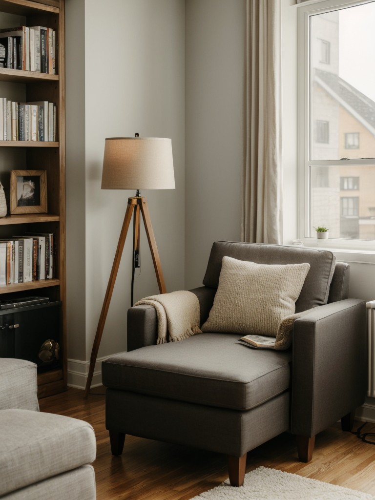 Create a cozy reading nook or relaxation corner in your studio loft apartment by incorporating a comfortable armchair, side table, and floor lamp.
