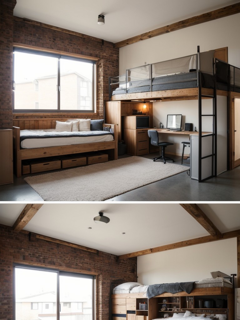 Transform your studio loft apartment into a multi-functional space with a lofted sleeping area and designated zones for living, dining, and working.
