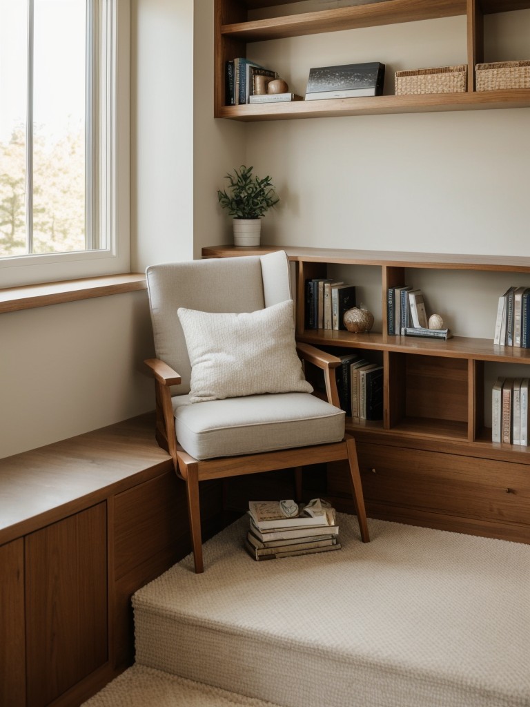 Creating a cozy reading nook on a temporary wall with built-in bookshelves or a window seat to maximize space and create a relaxing retreat.