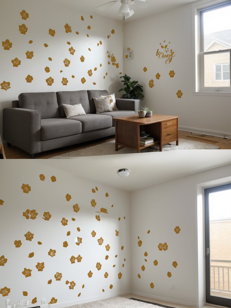 Ideas for incorporating removable decals or wall stickers as a temporary and easily changeable design element on apartment walls.