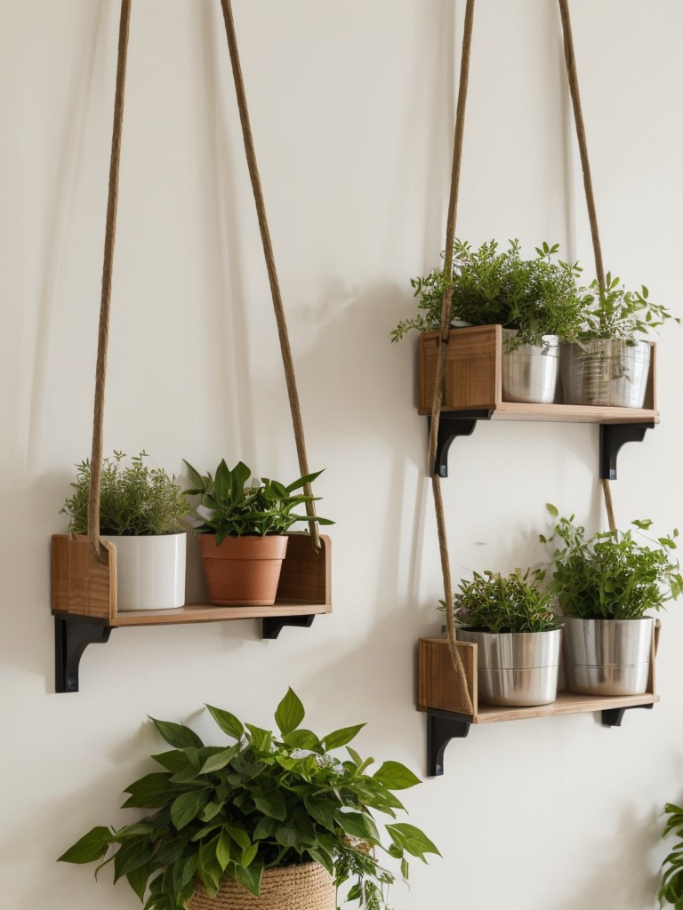 Incorporating hanging plants or hanging shelves on temporary walls to add greenery and maximize storage in your apartment.