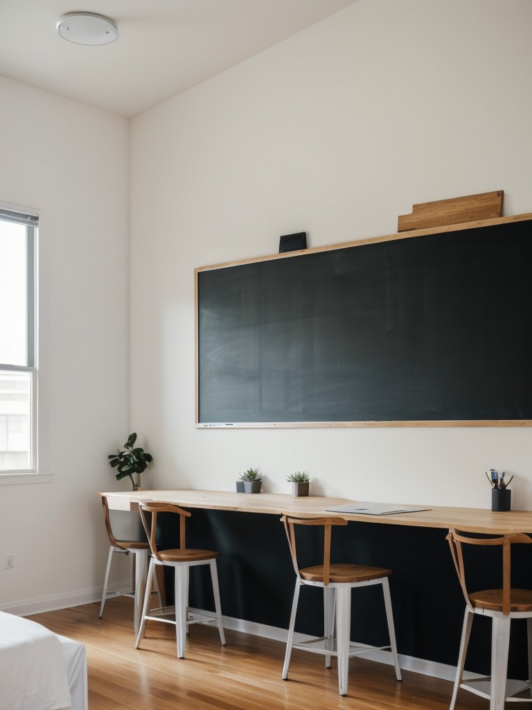 Incorporating a whiteboard or blackboard surface on a temporary wall in your apartment to add a practical and interactive element to your space.