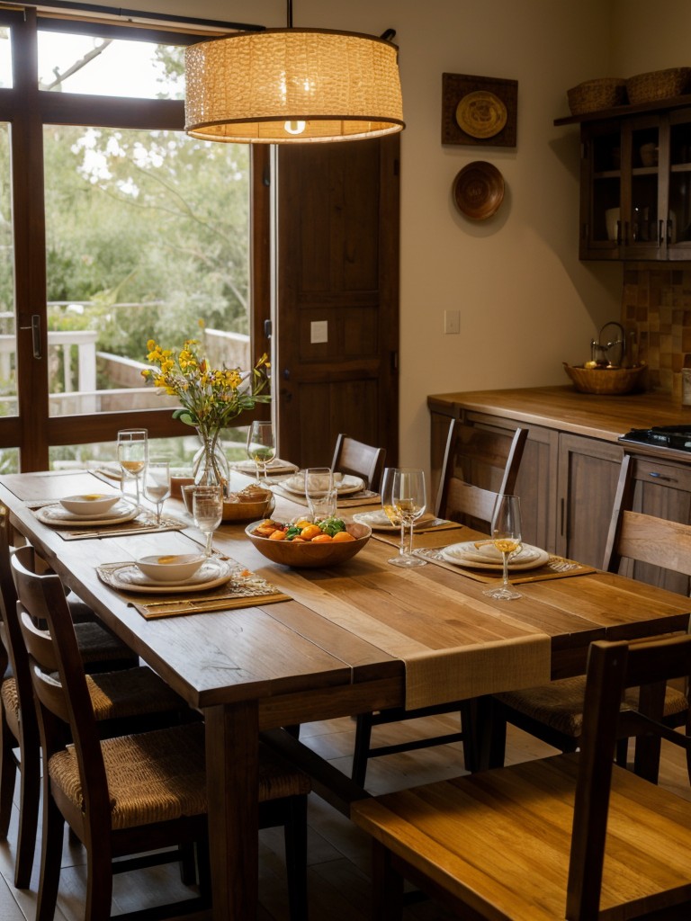 Creating a dining area inspired by the communal meals depicted in the novel, with a large table, warm lighting, and African-inspired tableware, emphasizing the importance of sharing and togetherness.