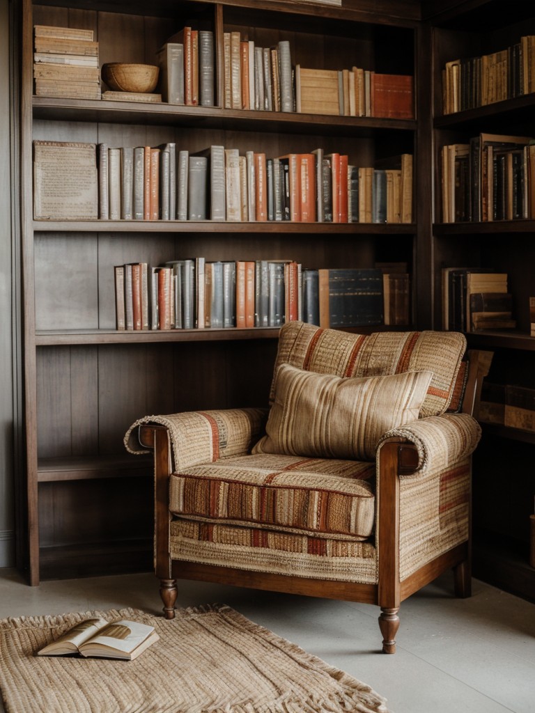 Creating a reading corner that embodies the values of wisdom and knowledge, with a cozy armchair, traditional African textiles, and a well-curated collection of books representing African literature and history.