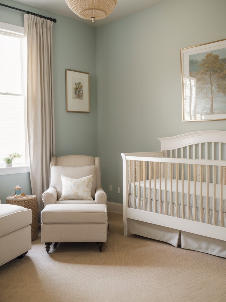 Designing a nursery space that exemplifies the importance of family and lineage, incorporating ancestral-inspired artwork, soft colors, and interactive elements that stimulate a child's imagination.