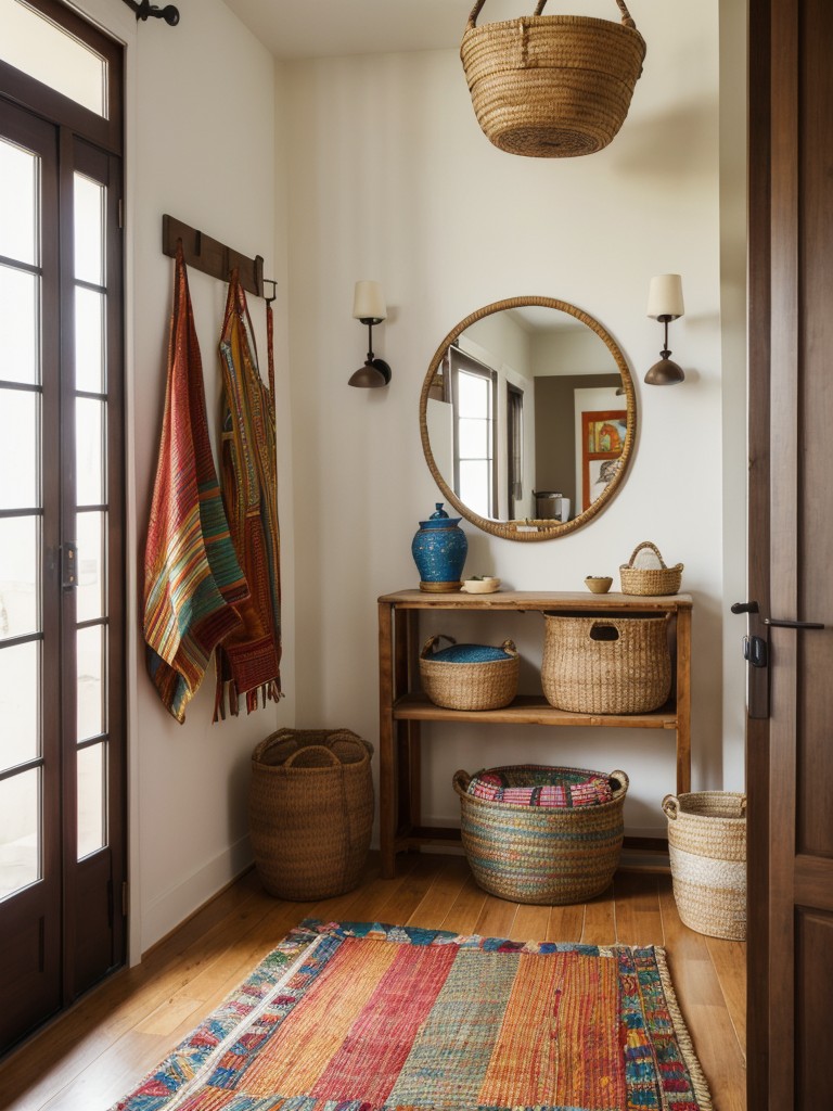 Incorporating elements of the marketplace into the apartment design, creating a vibrant and visually engaging entryway that showcases African arts and crafts, woven baskets, and colorful textiles.