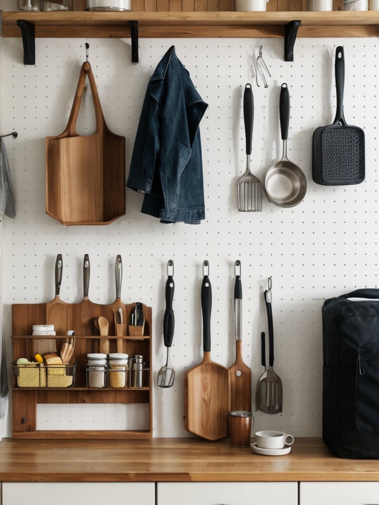 Hang hooks or pegboards on walls for easy organization of items like coats, bags, and kitchen utensils.