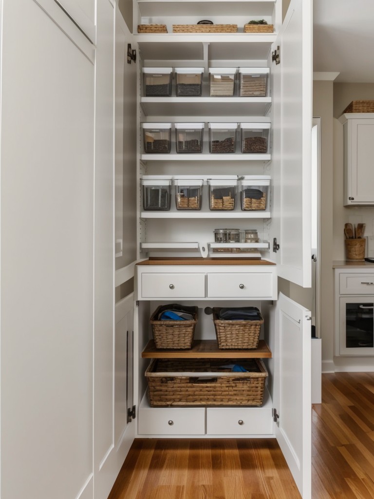 Install floating shelves or wall-mounted cabinets to create additional storage without taking up floor space.