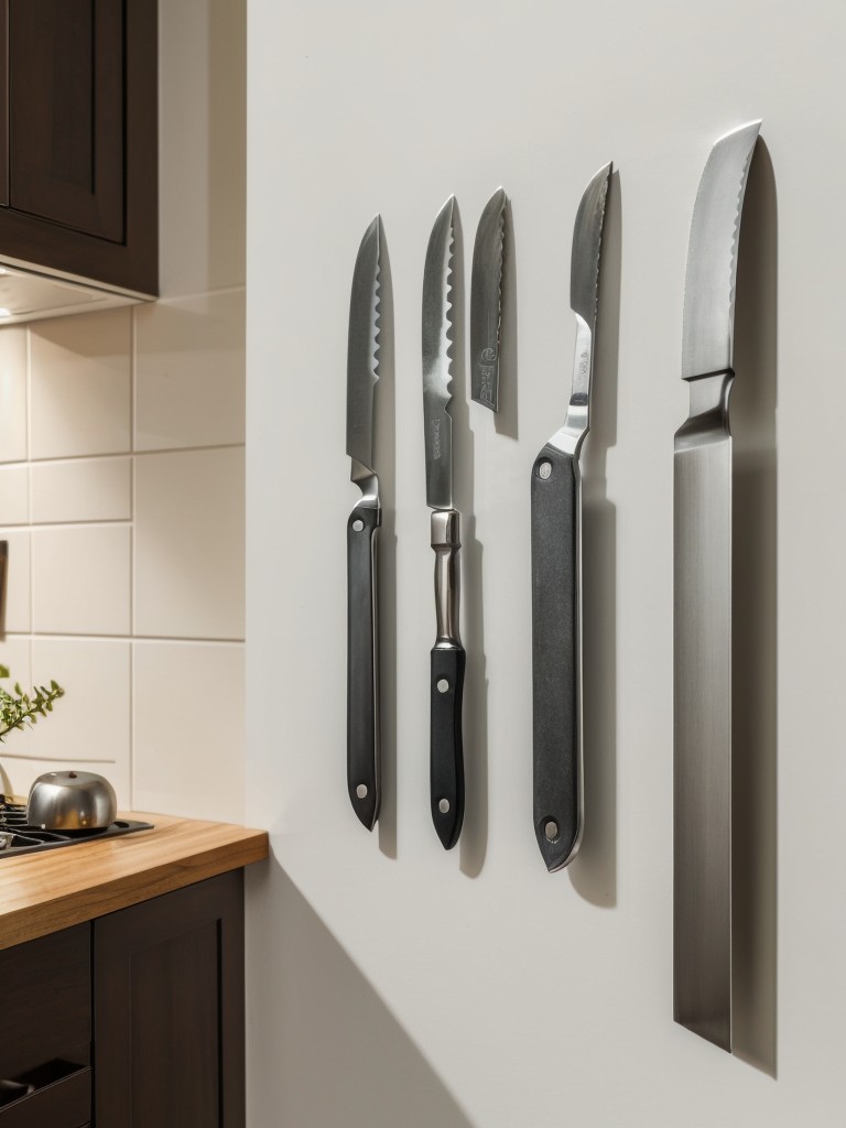 Mount a magnetic strip on the wall to store and display knives or small metal kitchen tools.