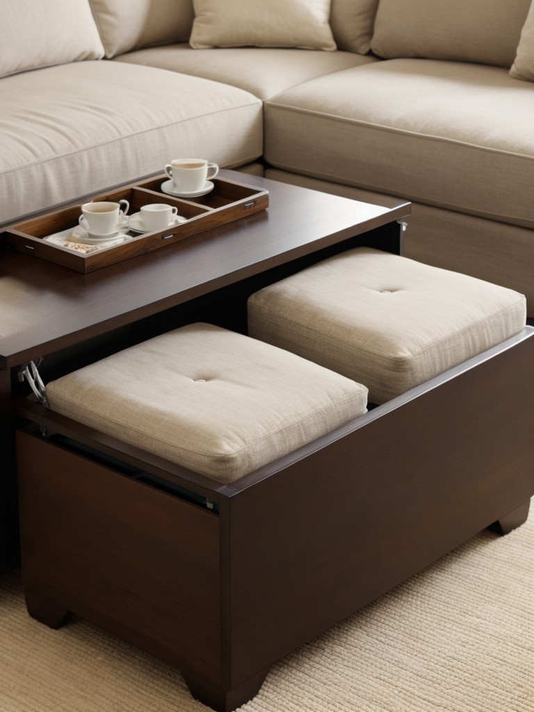 Opt for furniture with built-in storage, like ottomans or coffee tables with hidden compartments.