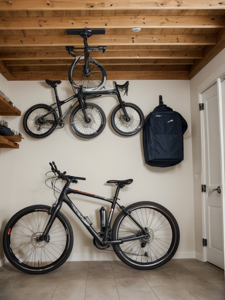 Use a wall-mounted bike rack or ceiling-mounted pulley system to store bikes out of the way.