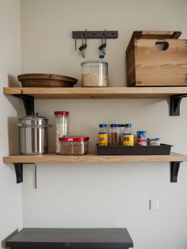 Utilize empty wall space by installing sturdy shelves or hooks to hang larger tools.