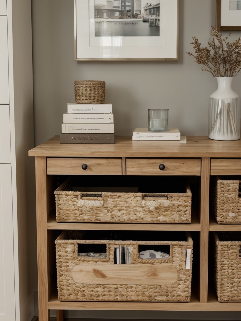 Add a freestanding storage cabinet or console table with drawers near entryways or living rooms to store items like keys, mail, and other essentials.