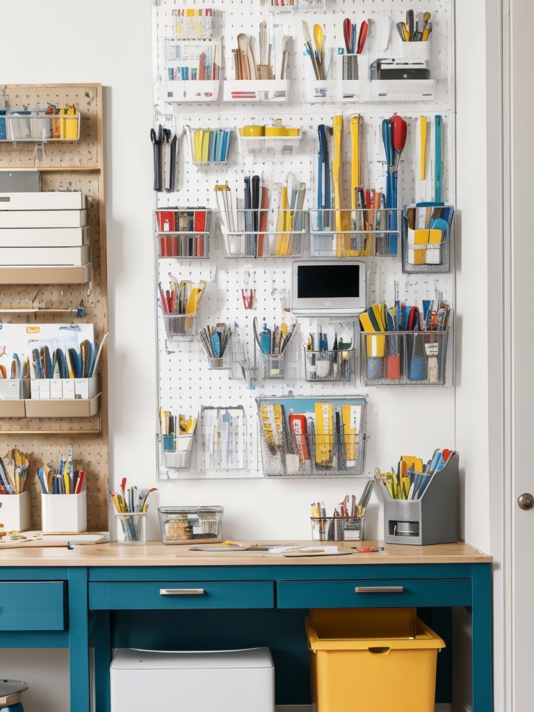 Hang a pegboard in a home office or craft area to store supplies such as scissors, tape, and tools.