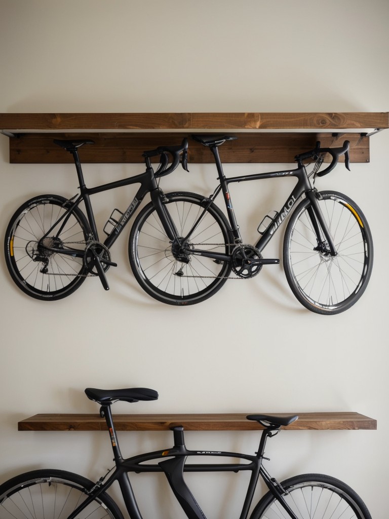 Hang a wall-mounted bike rack or hooks to store bicycles vertically and save space in small apartments.