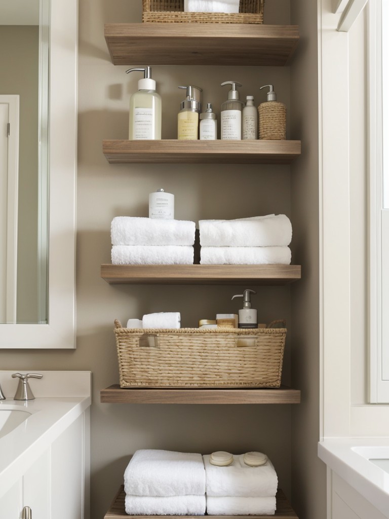 Install floating shelves in bathrooms to store toiletries, towels, and display decorative items.