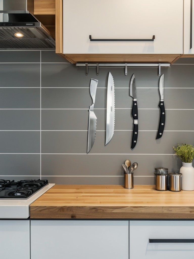 Install a magnetic knife strip on the kitchen wall to store knives and create counter space.