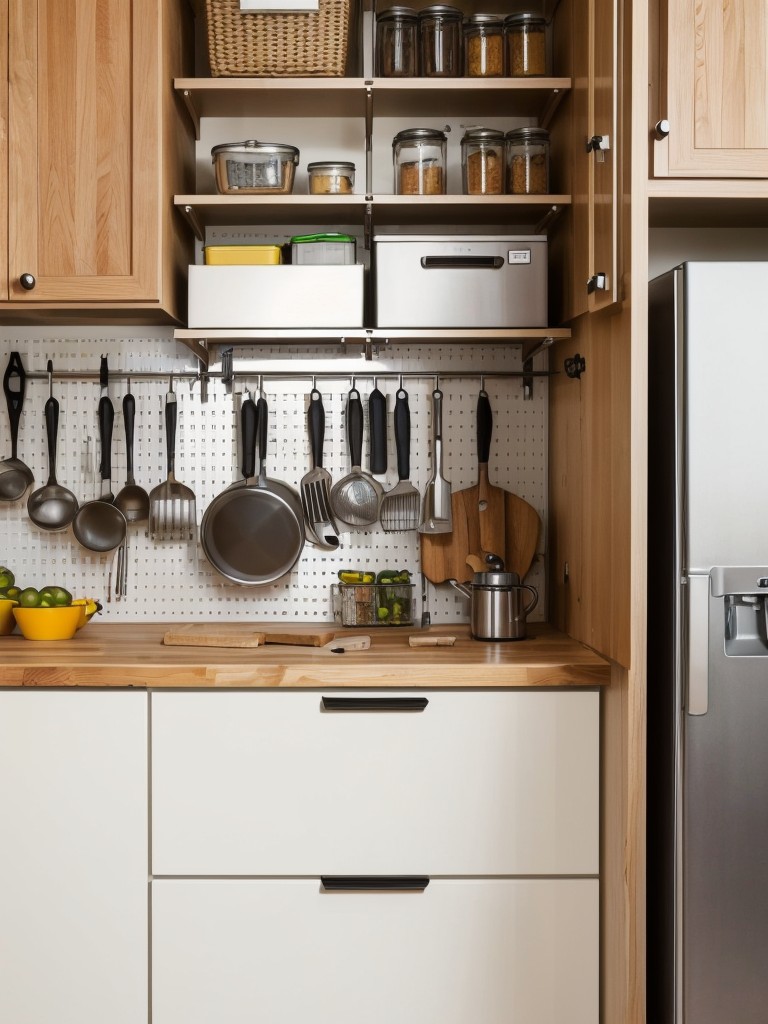 Install a pegboard in the kitchen or garage to hang kitchen utensils, tools, and other items to free up drawer and cabinet space.
