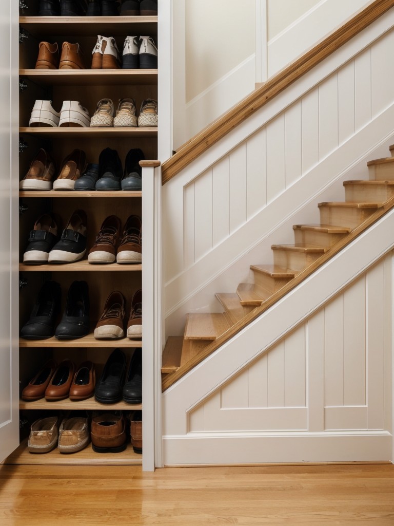 Maximize empty space under stairs by installing custom-built storage cabinets or shelves to store shoes, seasonal items, or belongings.