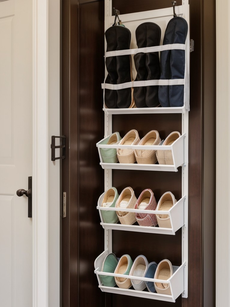 Try utilizing the backs of doors by hanging over-the-door organizers or hooks to store shoes, cleaning supplies, or accessories.