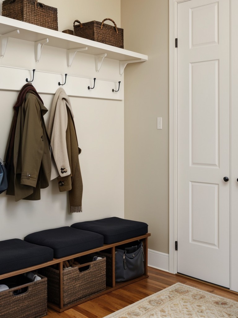 Use wall-mounted coat racks or hooks near entryways to hang coats, hats, and bags to keep them easily accessible and organized.