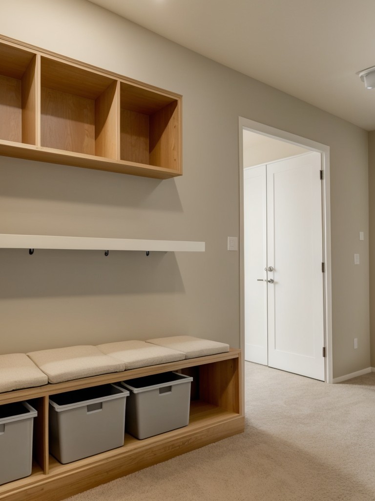 Utilize empty wall space in hallways or living areas by installing a wall-mounted storage unit or cubbies to store and display belongings.
