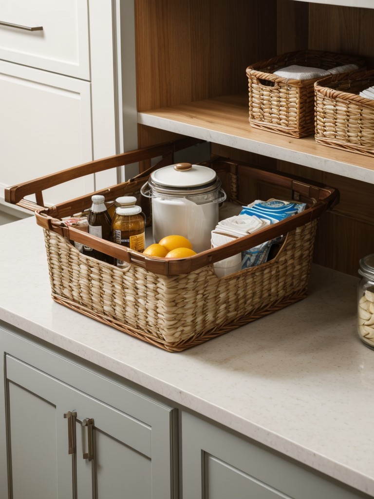 Utilize the space above kitchen cabinets by placing decorative baskets or storage baskets to store rarely used items.