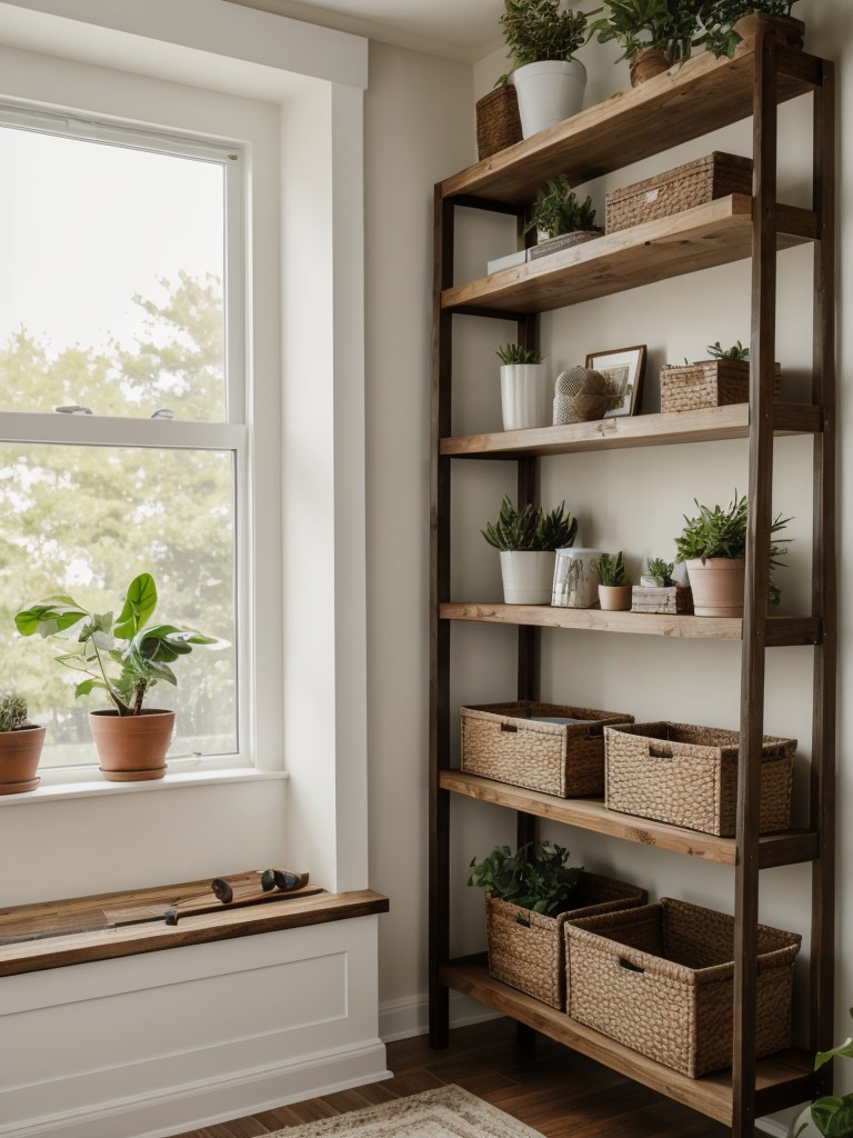 Utilize the space above windows by installing high shelves to display decorative objects or store books and plants.