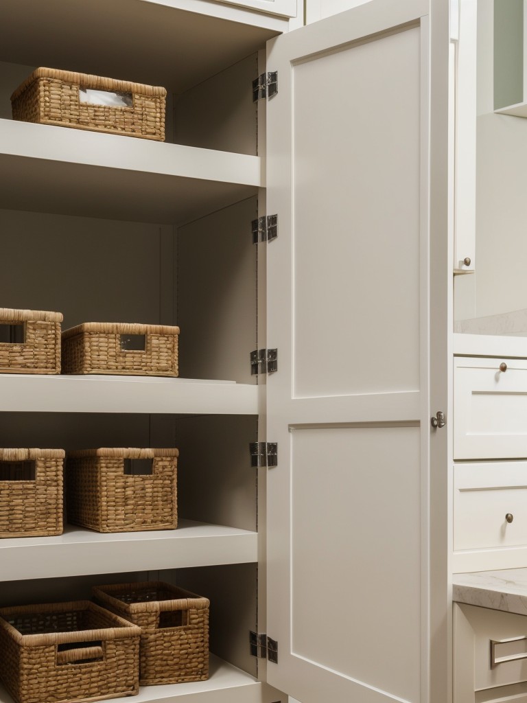 Utilize stackable storage containers or baskets to maximize space in cabinets and closets.