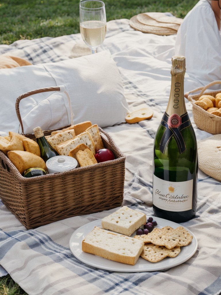 Set up a romantic picnic area in your apartment with a picnic blanket, delicious snacks, and a bottle of champagne.