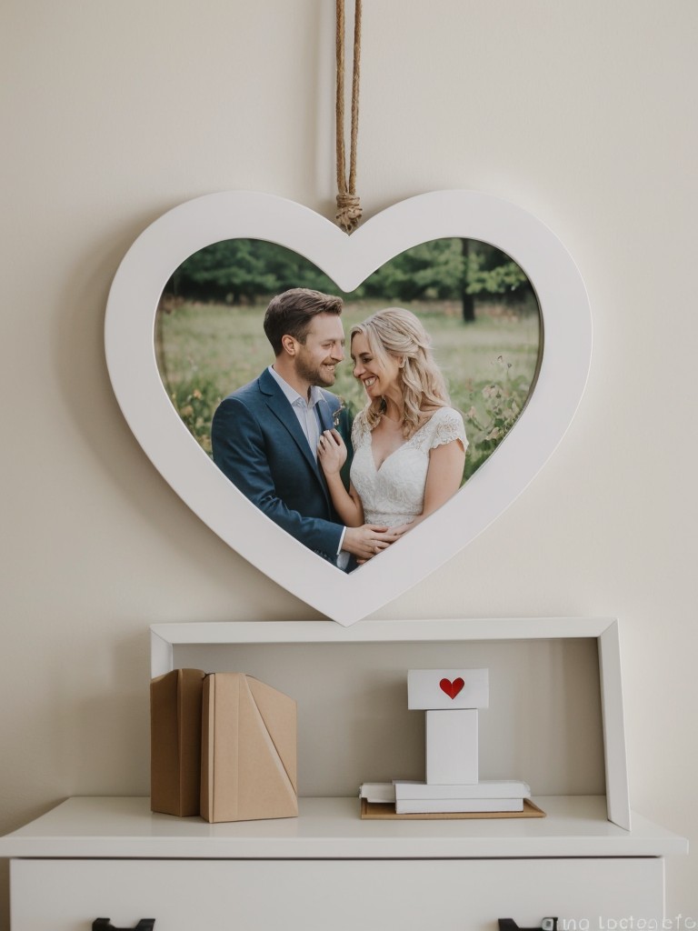 Create a wall of love by printing out and framing your favorite couple photos and hanging them together in a heart shape.