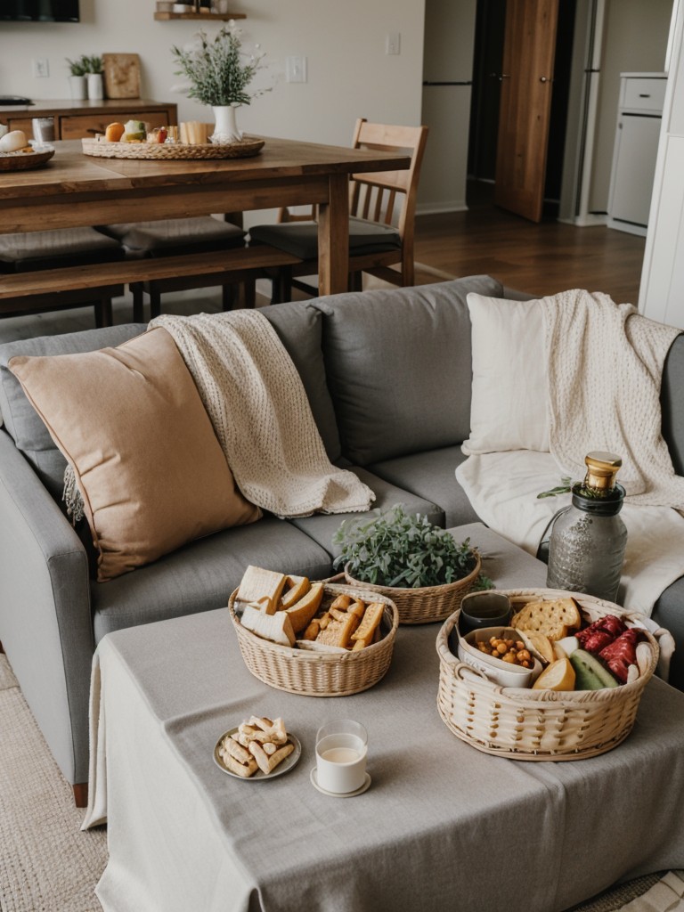 Set up a cozy picnic area in your apartment, complete with blankets, cushions, and a selection of delicious snacks.