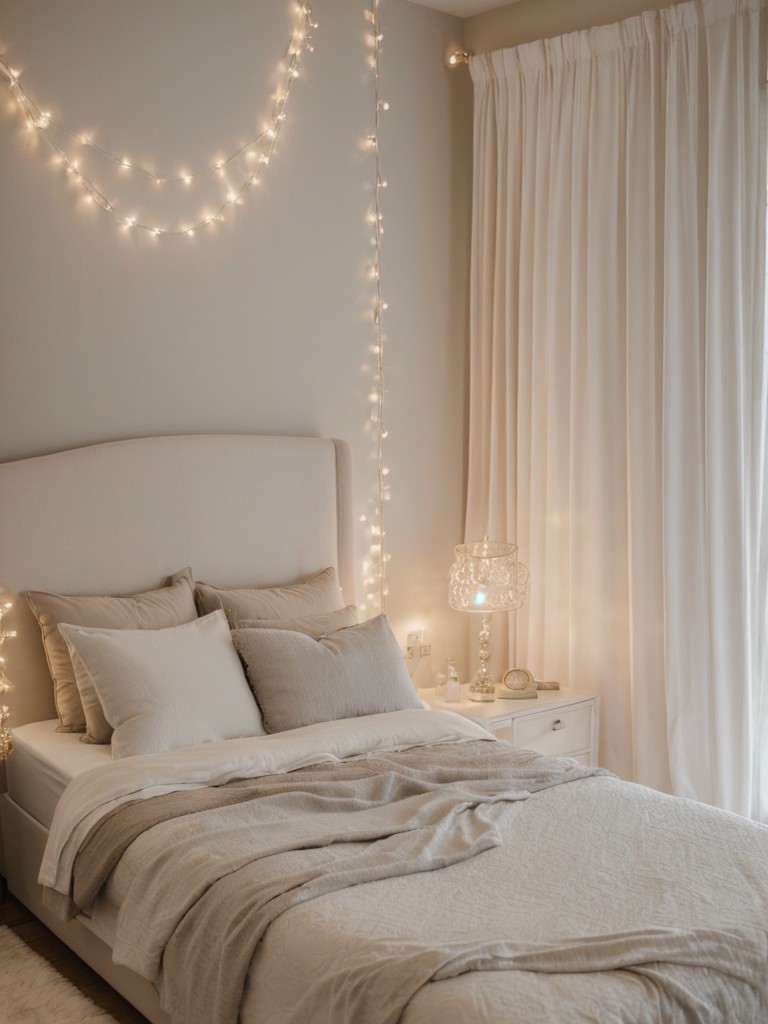 Transform your bedroom into a dreamy oasis with soft, luxurious bedding, and fairy lights for a romantic ambiance.